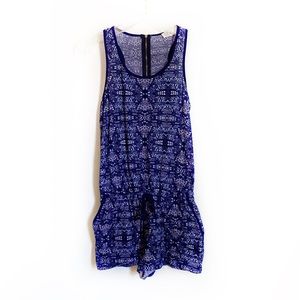 Pink Rose Blue Patterned Drawstring Waist Sleeveless Romper